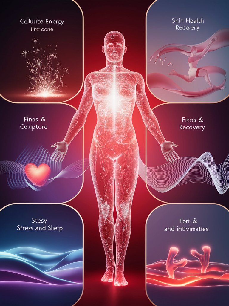 Benefits Of Red Light Therapy:

Cellular Energy
Skin Health
Fitness & Recovery
Circulation
Stress & Sleep
Pain & Inflammation